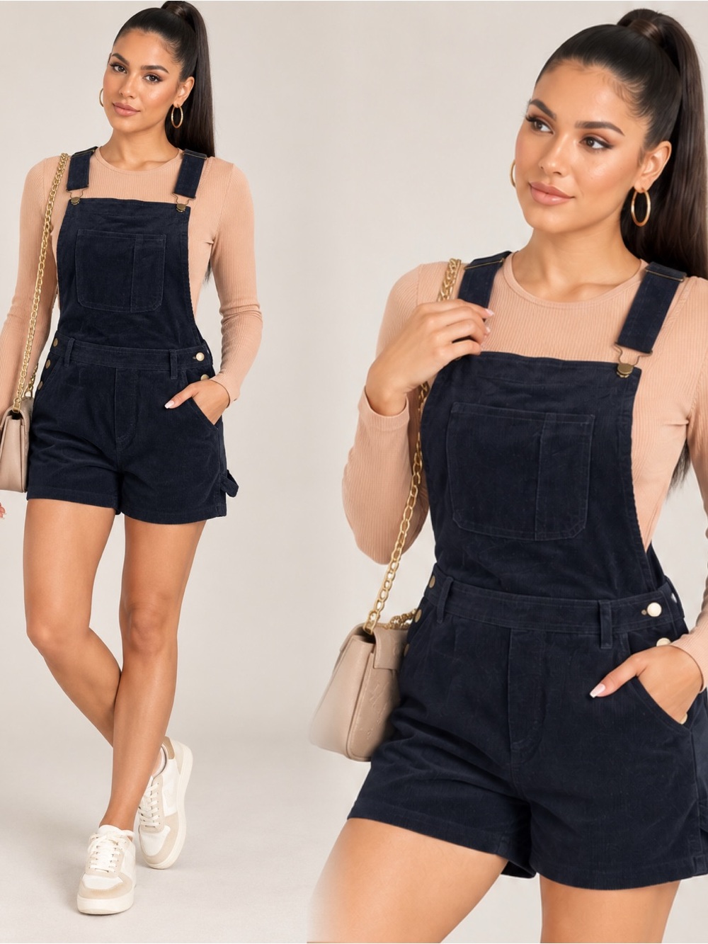 Women's Black Corduroy Short Overalls